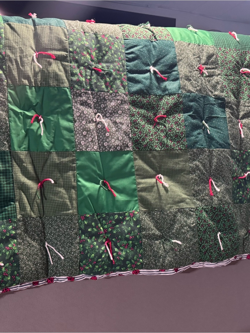 Handmade Green Patchwork Quilt with Tied Accents 64x41